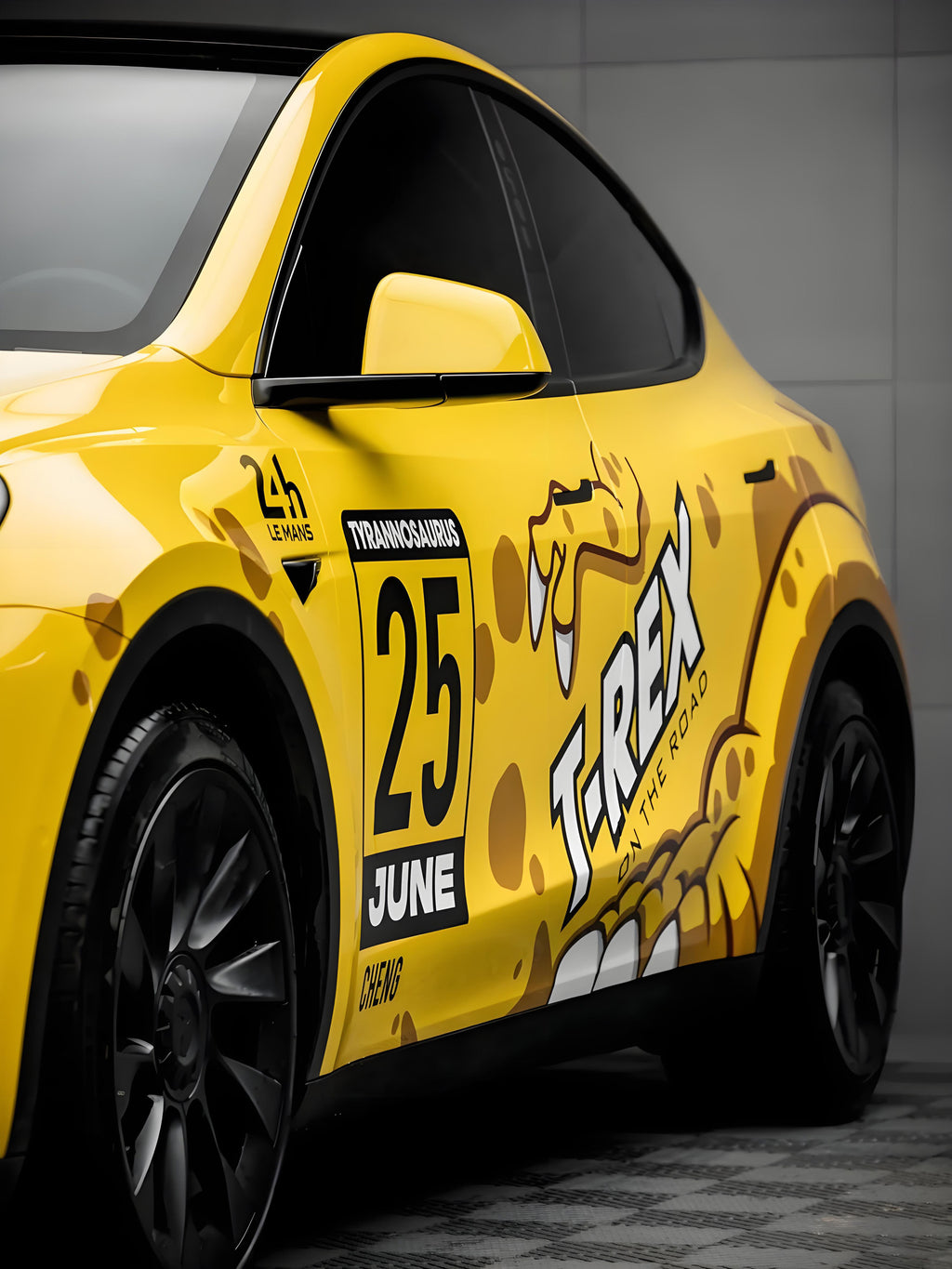 Gelbe Dino Blast-Autofolie in voller Größe