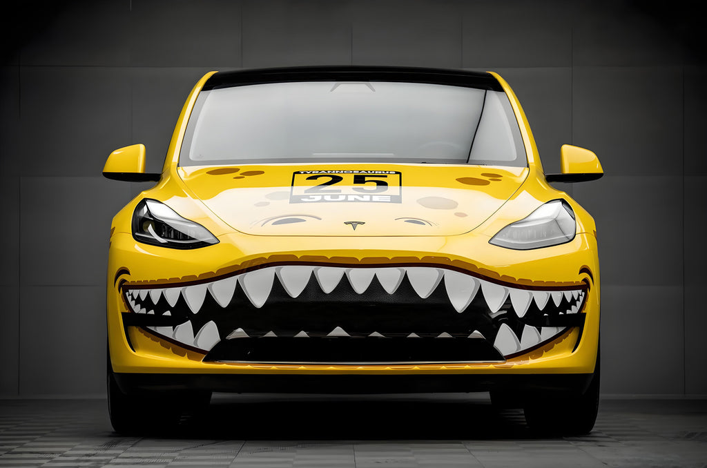 Gelbe Dino Blast-Autofolie in voller Größe