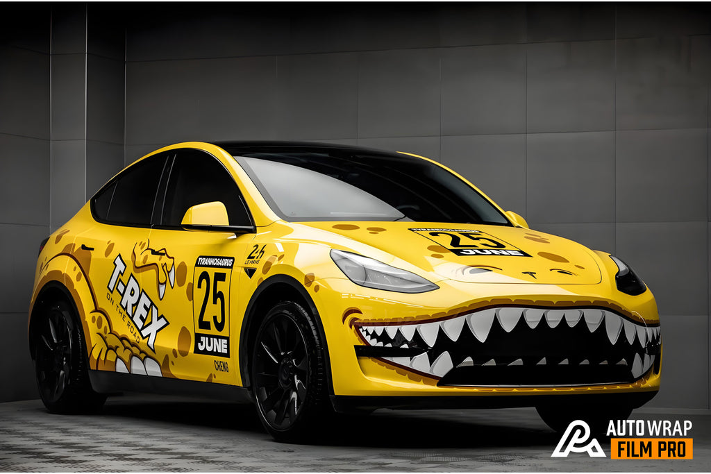 Gelbe Dino Blast-Autofolie in voller Größe