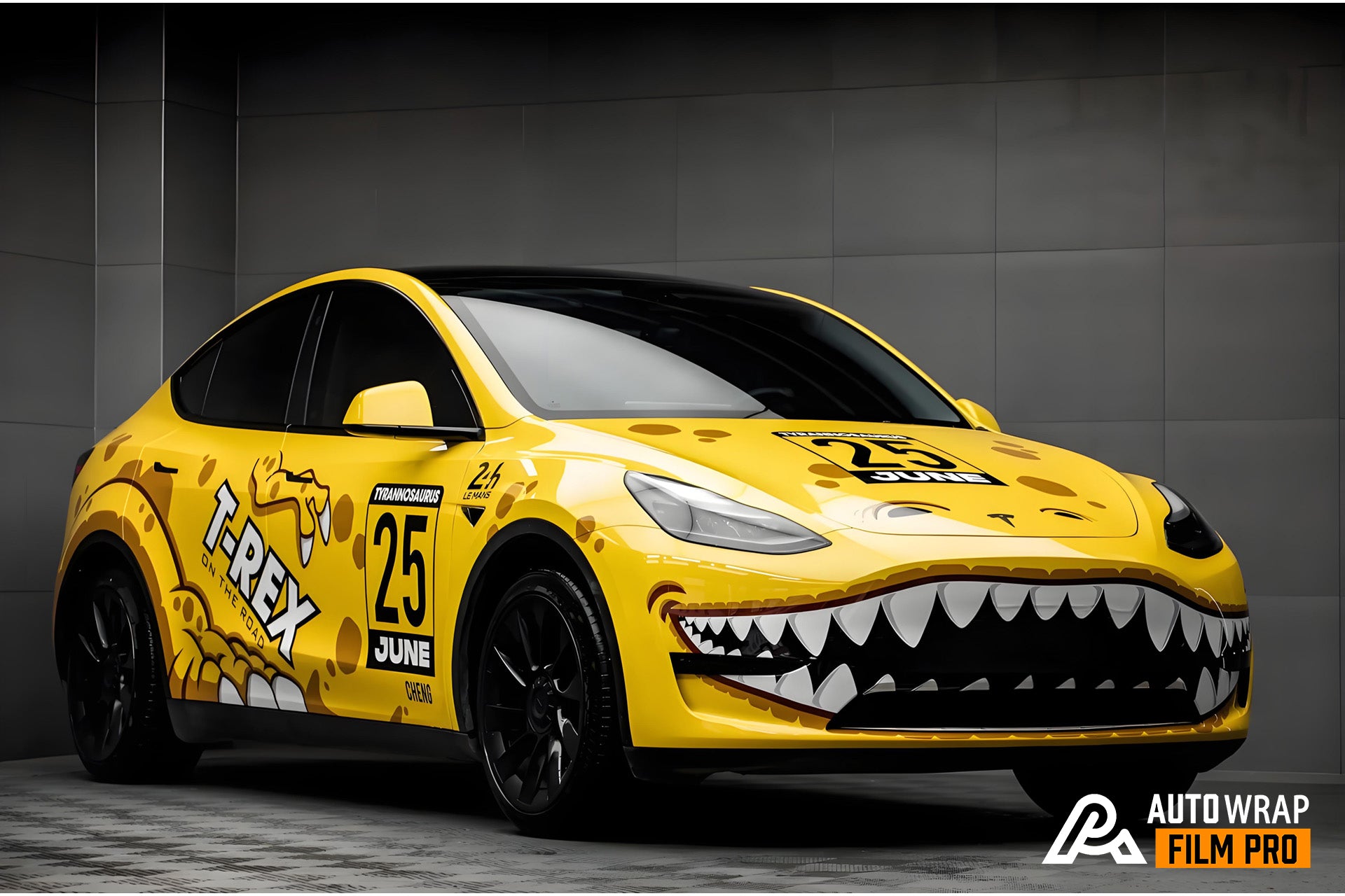 Gelbe Dino Blast-Autofolie in voller Größe